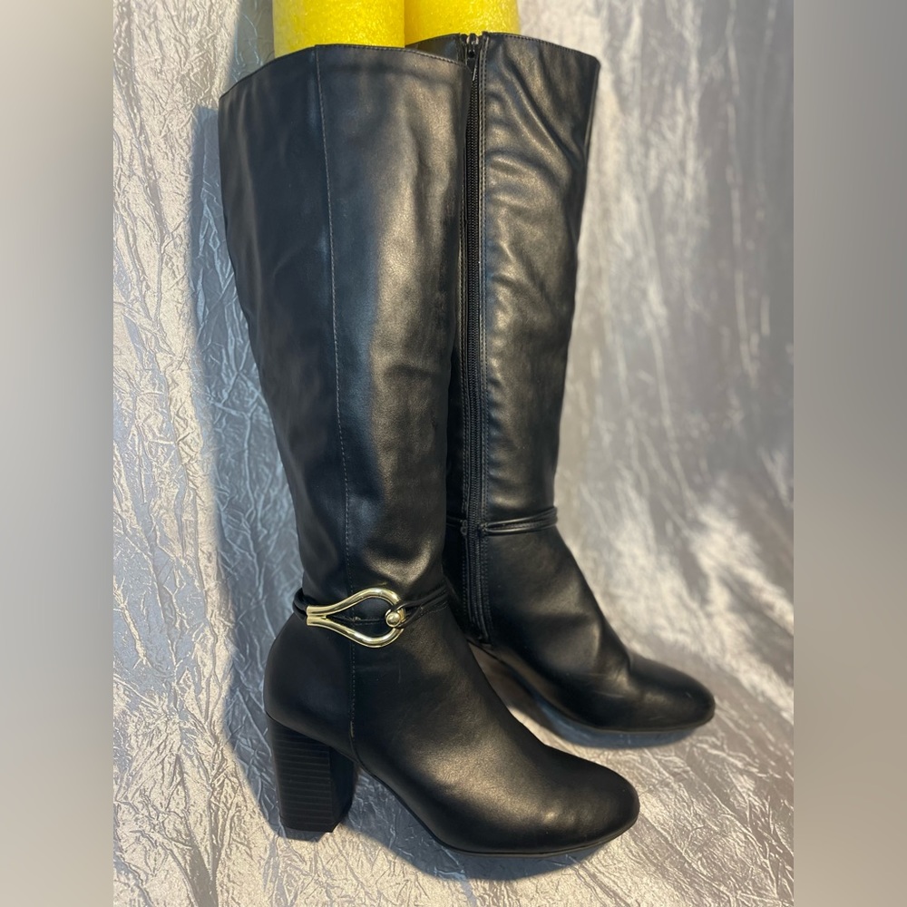Dex Flex Comfort knee high black boots with gold accents